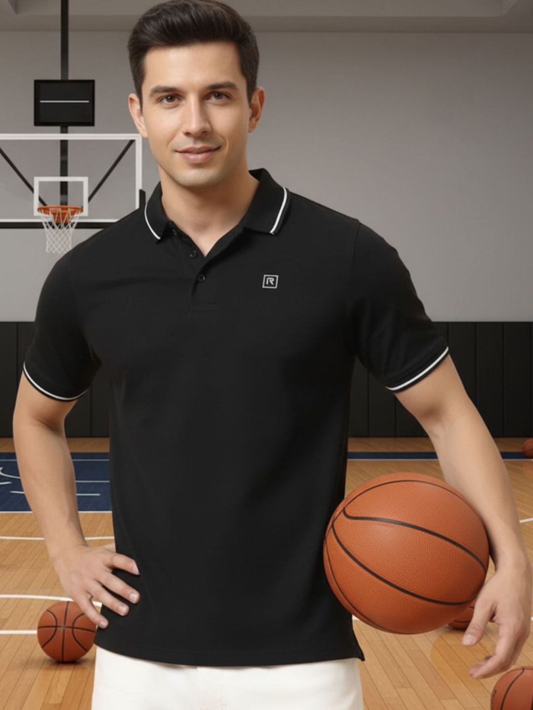 Rigo Men Solid Polo Neck Cotton Black Tshirts