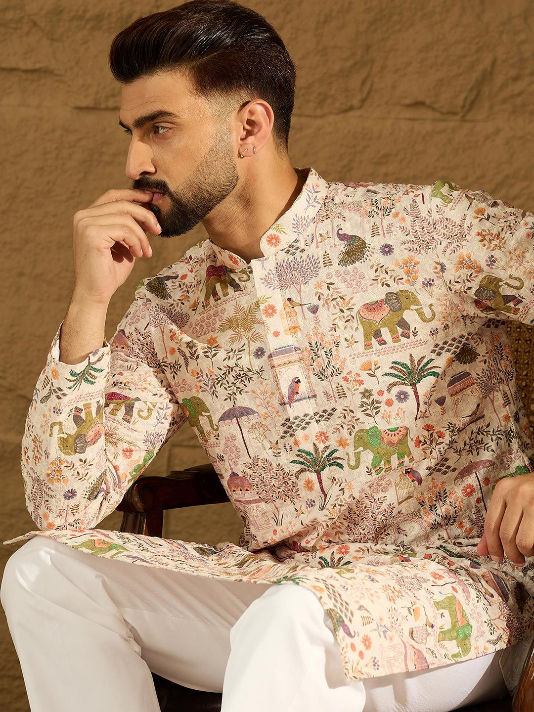 Ethnic Bay Chikankari Printed Mandarin Collar Knee Length Straight Kurta