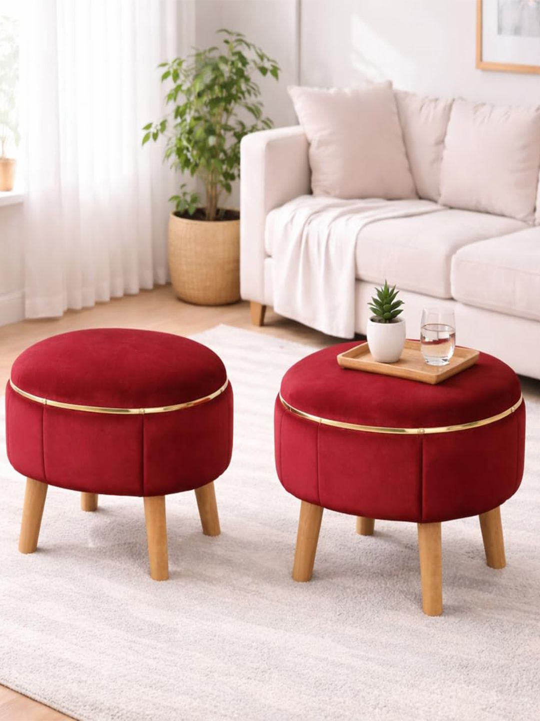 Shadowkart 2-Pcs Maroon Oval Ottomans
