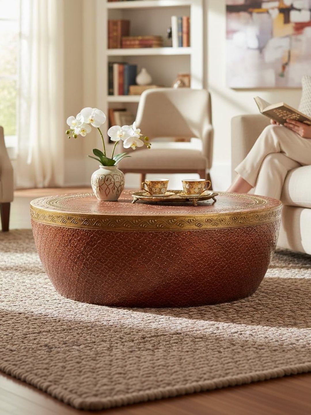 PREET GALLERY PREET GALLERY Brown & Gold-Toned Carved Wooden Round Coffee Table
