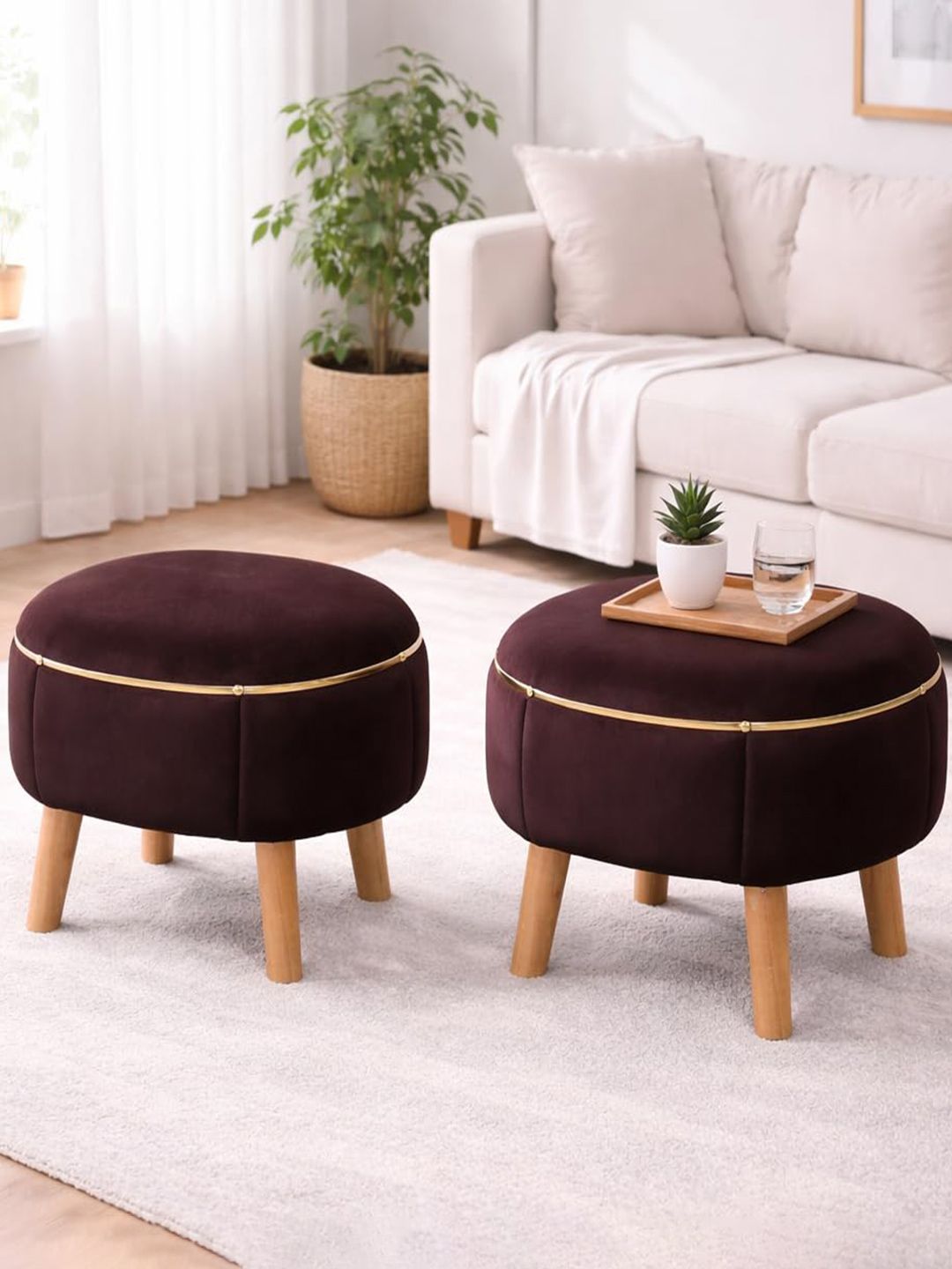 Shadowkart 2-Pcs Coffee Brown Oval Ottomans