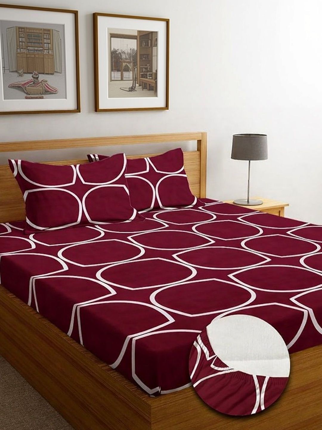 JASHAN Maroon Geometric 210 TC King Bedsheet with 2 Pillow Covers