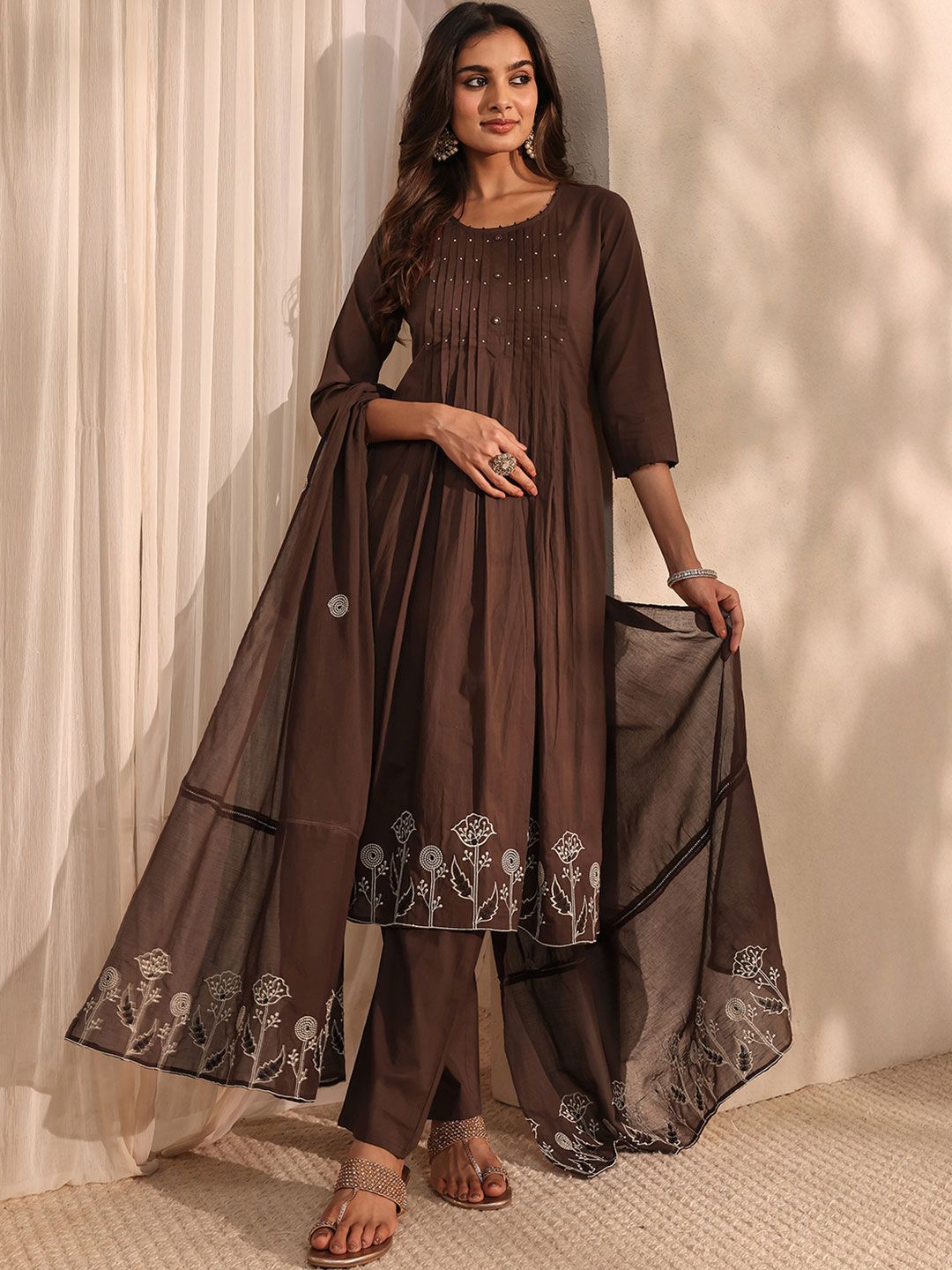 Libas Brown Embroidered Cotton A-Line Suit Set with Dupatta