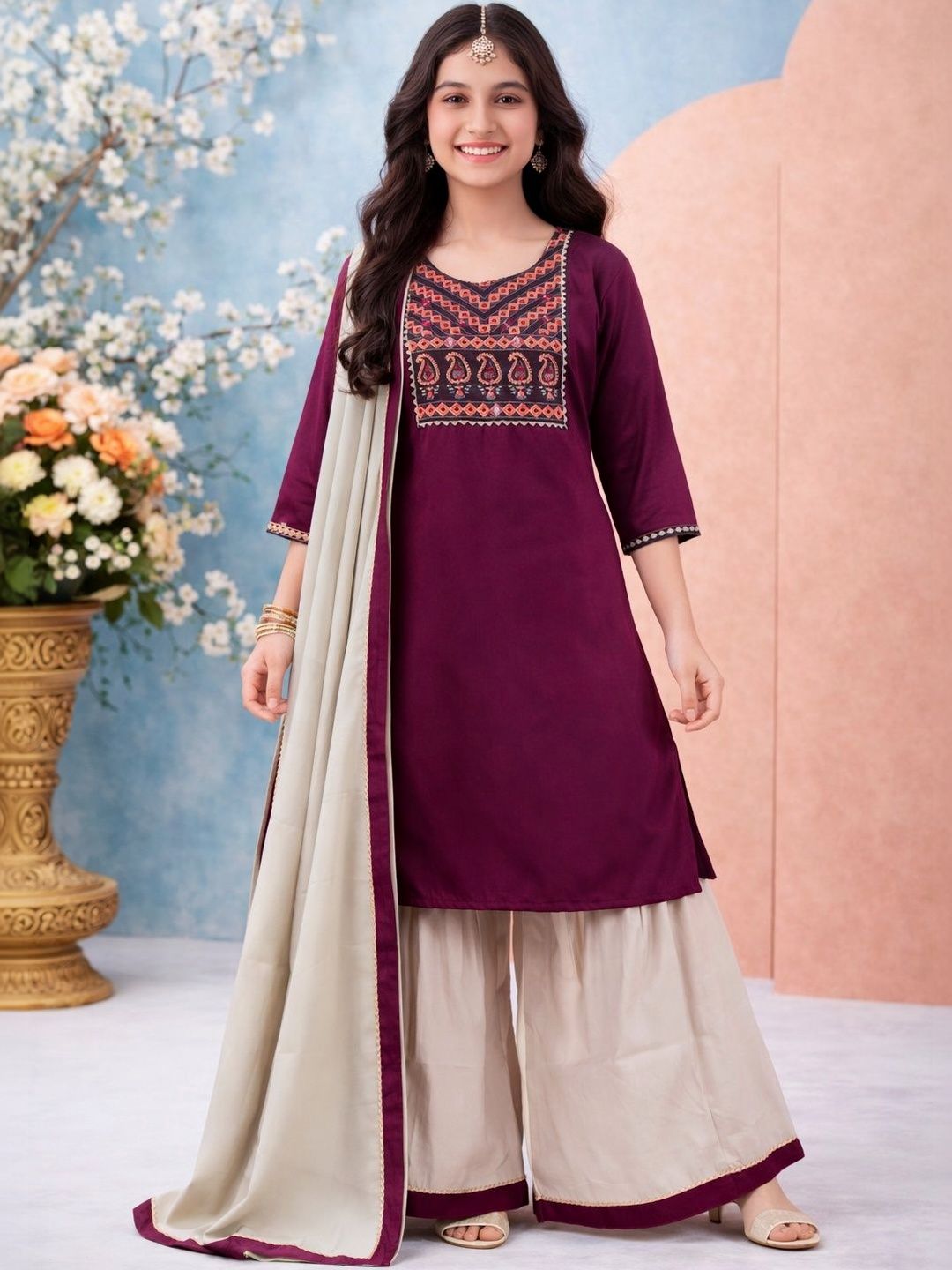 KALINI Girls Cotton Ethnic Motifs Round Neck Kurta
