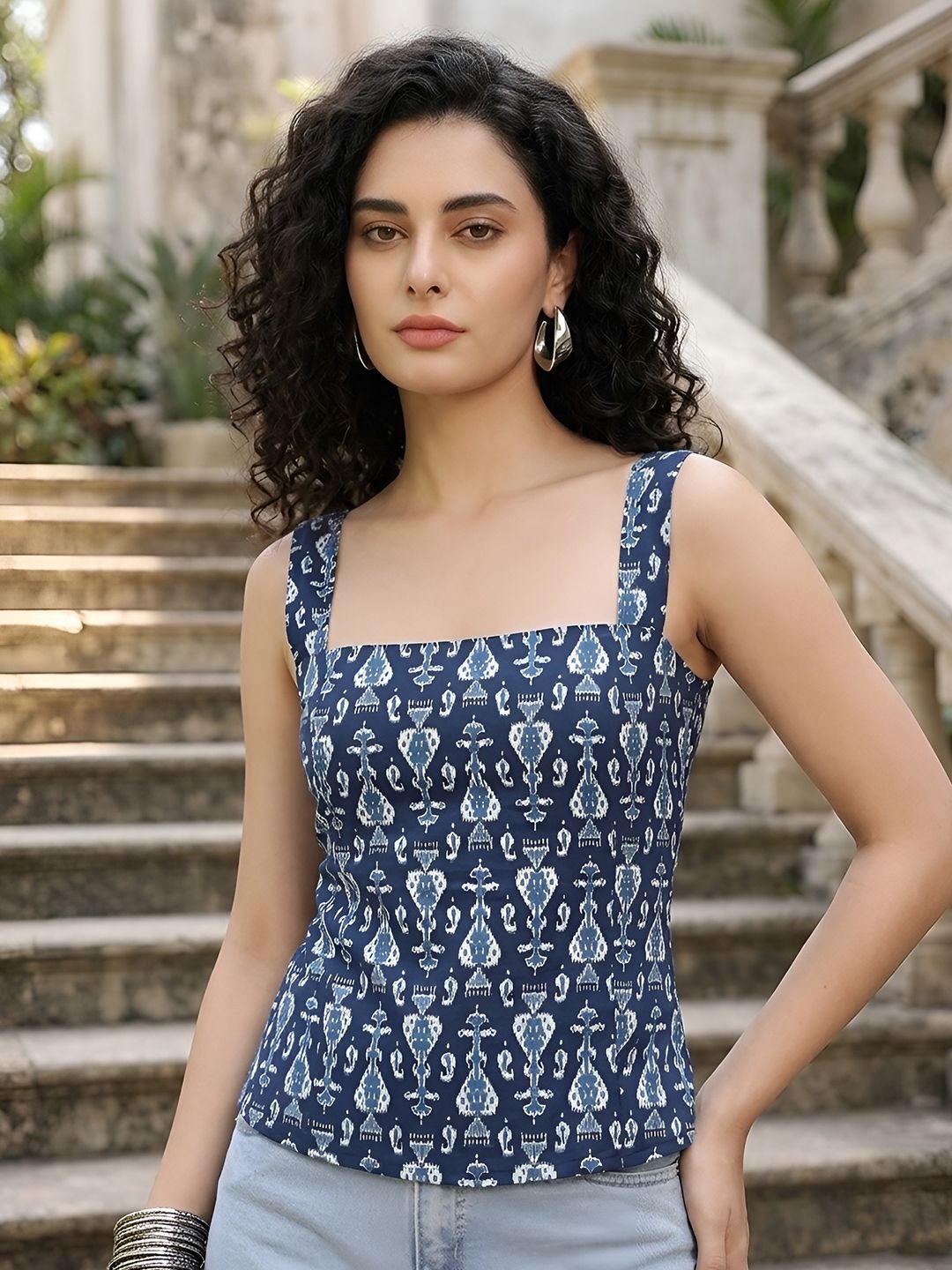 Anouk Rustic Navy Blue Ikat Print Square Neck Cotton Top