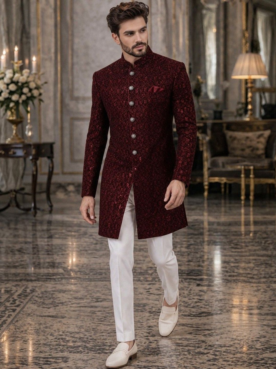 House of Pataudi Self Designed Mandarin Collar Sherwani