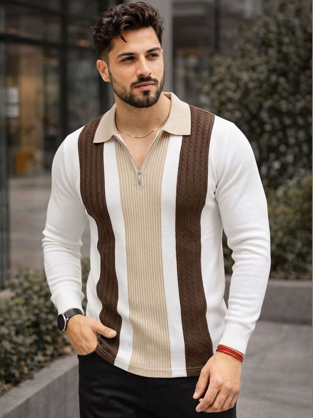 AUSK Men Striped Polo Collar T-shirt