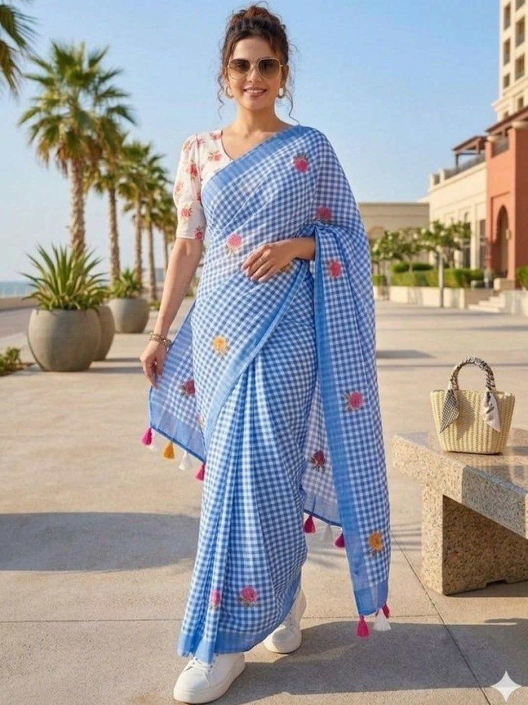 Silkena Floral Checked Printed Linen Blend Saree