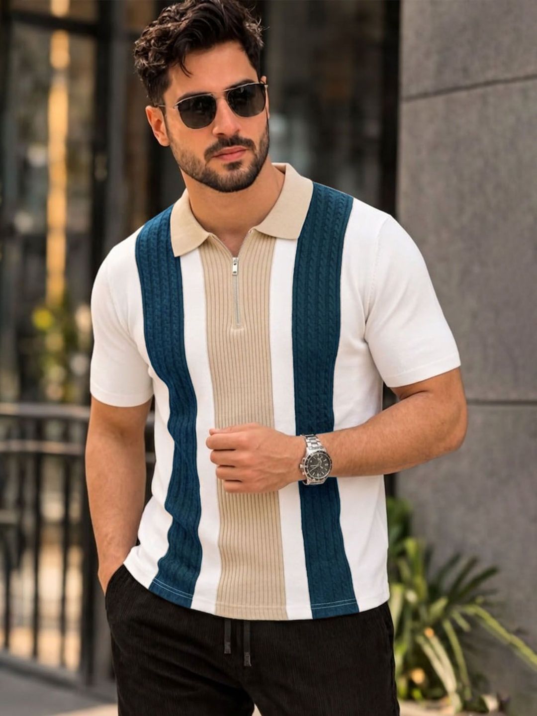 AUSK Men Striped Polo Collar T-shirt