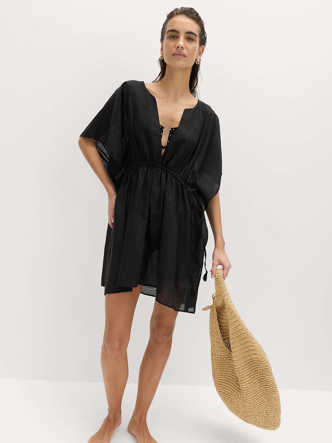 Marks & Spencer Pure Cotton Tie Detail Mini Kaftan Dress