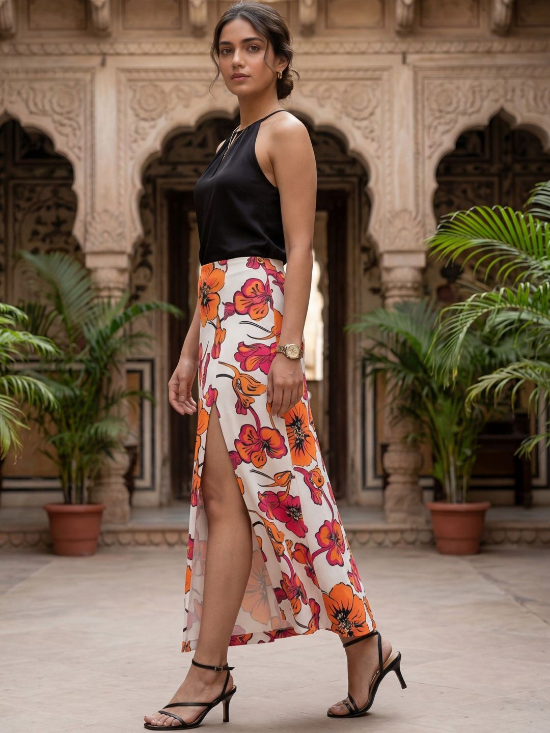Buy AASK Women Floral Tropical Front Slit Maxi A-Line Skirt