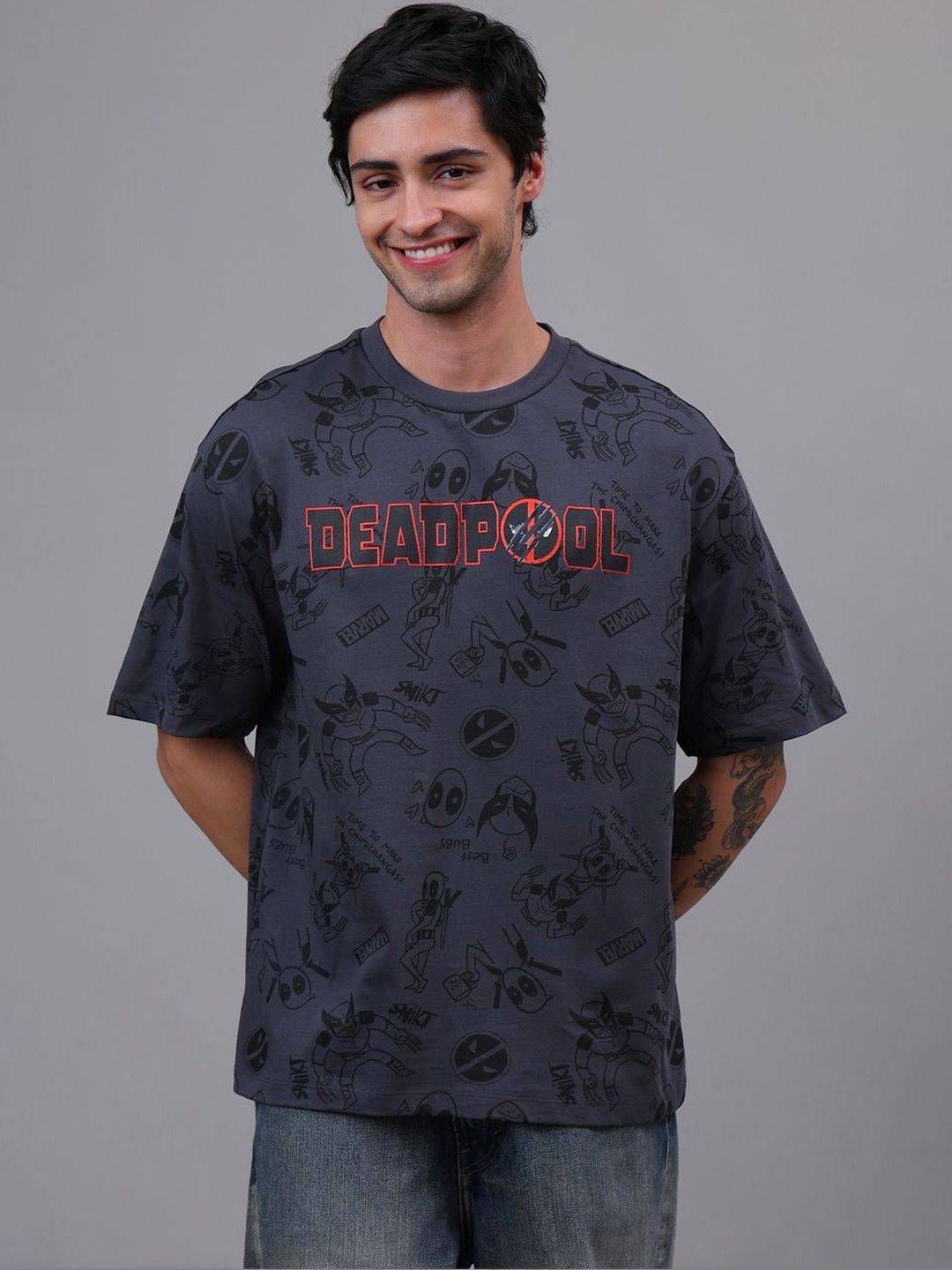 Free Authority Deadpool Printed Cotton Round Neck Oversized T-Shirt