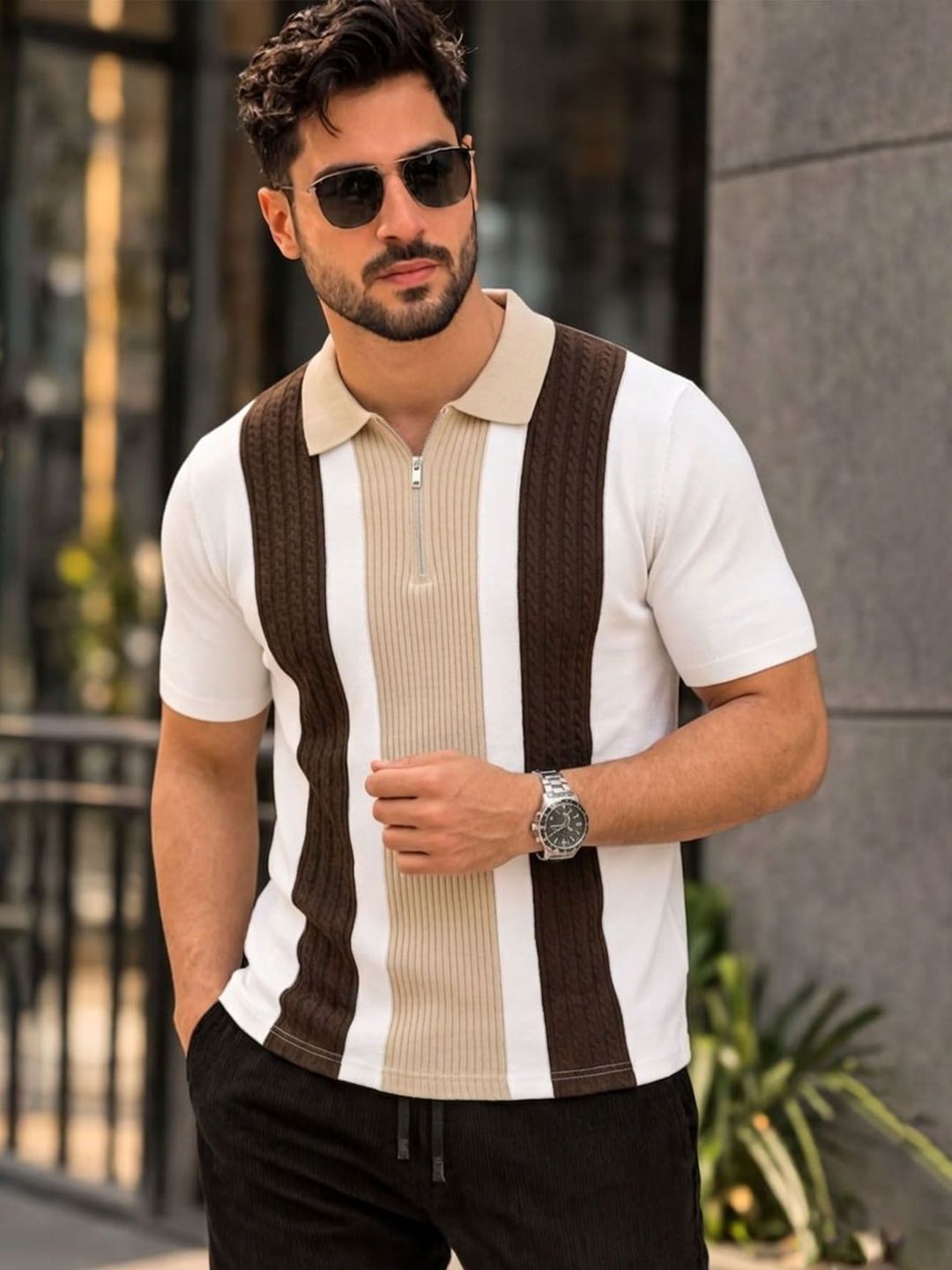 AUSK Men Striped Polo Collar T-shirt