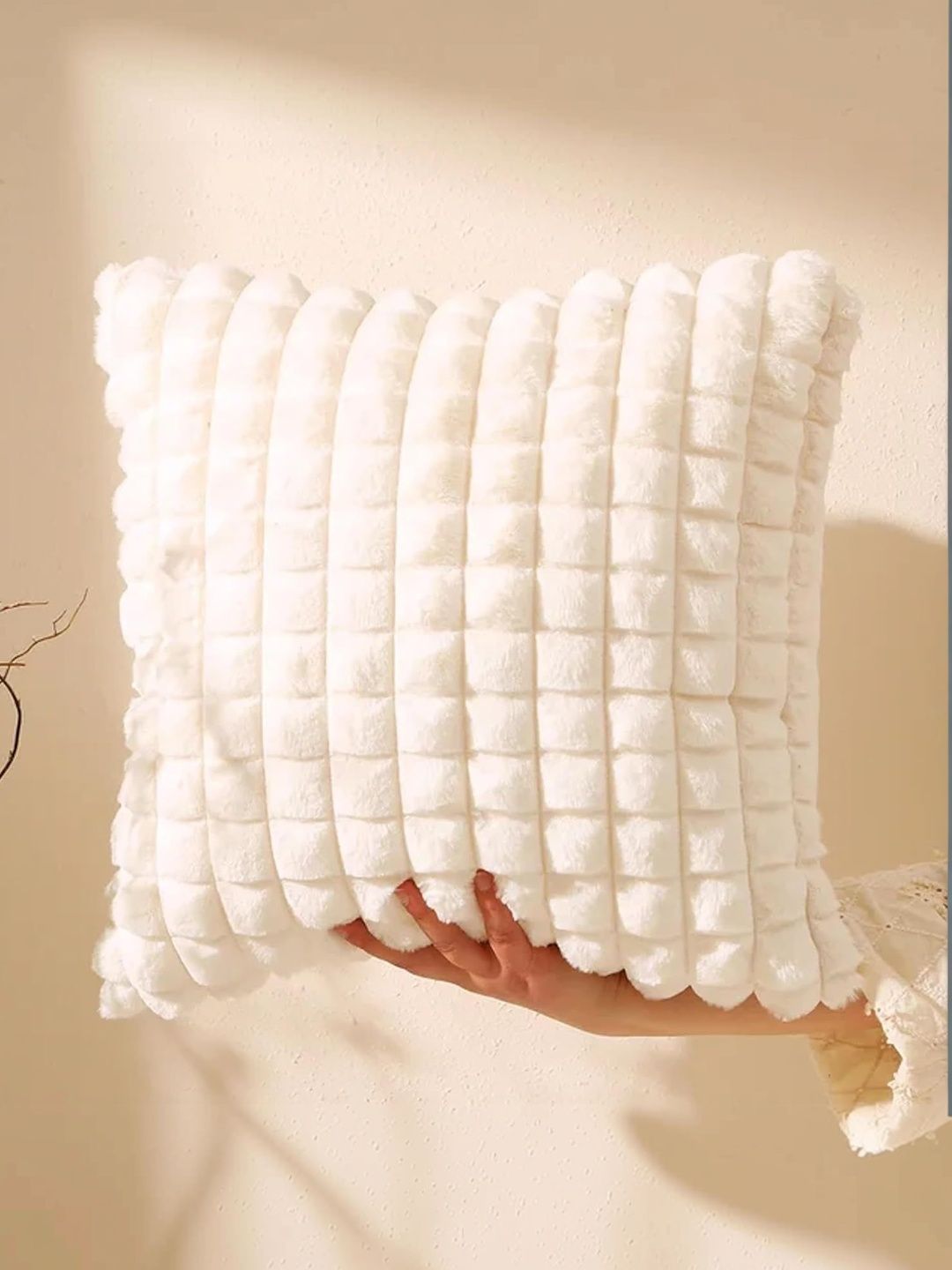 TANLOOMS TANLOOMS Cream-Coloured Checked Velvet Square Cushion Covers