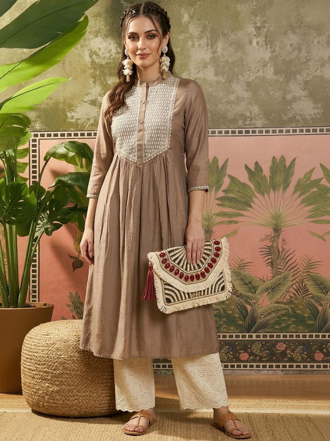 Sangria Embroidered Mandarin Collar Calf Length A-Line Kurtas