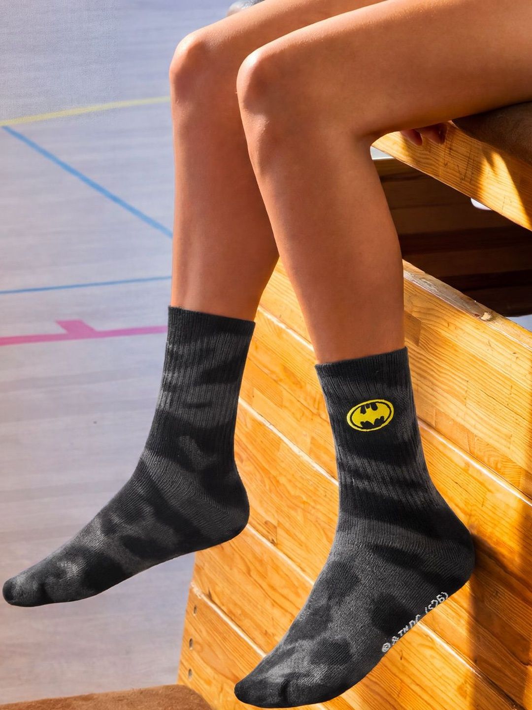 The Souled Store Men Batman Black Tie-Dye Cotton Crew Embroidery Socks