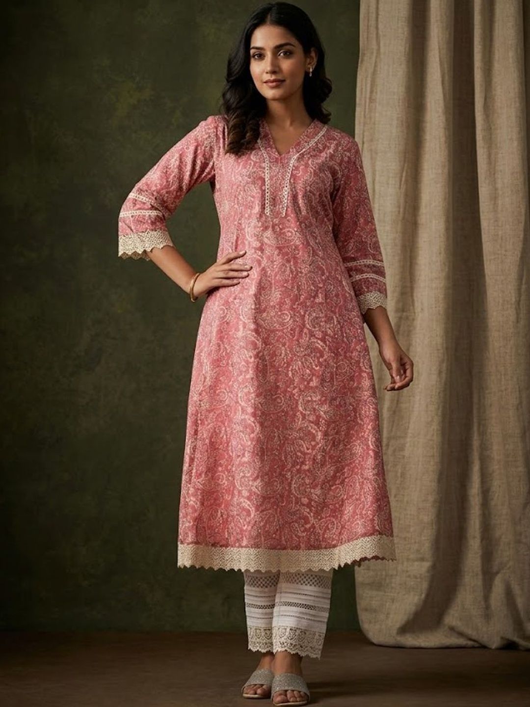 Sangria Printed Cotton V-Neck Calf Length A-Line Kurta