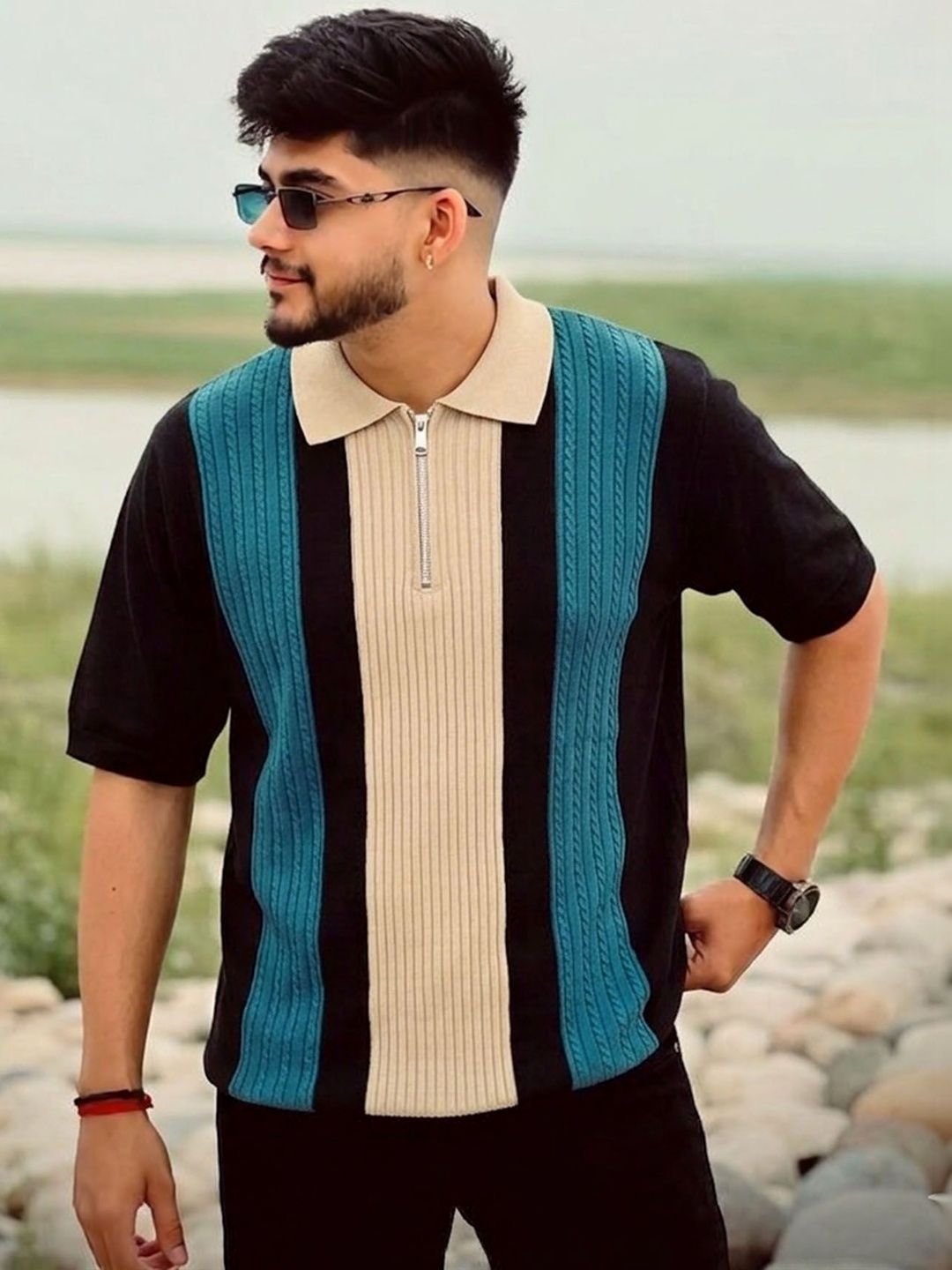 THE BEETEL HOUSE Men Colourblocked Polo Collar T-shirt