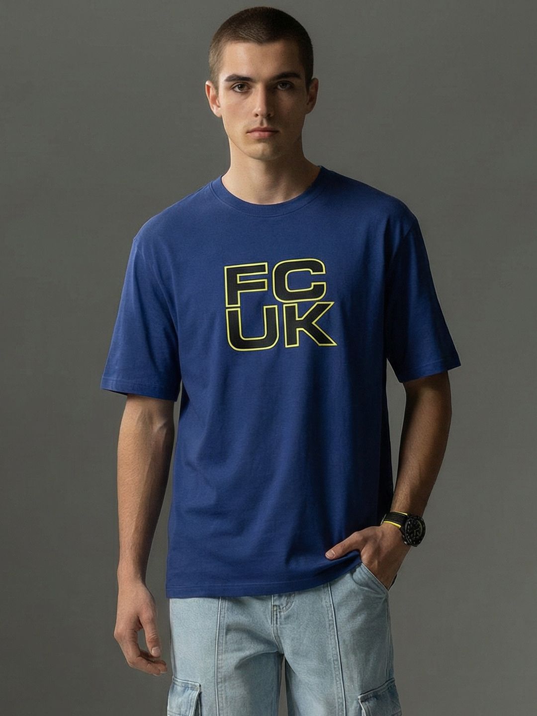 FCUK Brand Logo Printed Drop-Shoulder Sleeves Oversized T-shirt