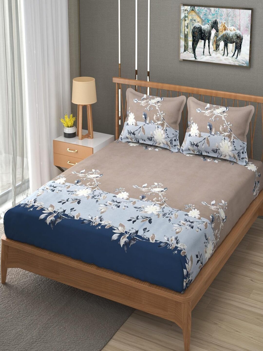 TINDLER KNOTS Brown Floral 180 TC King Bedsheet with 2 Pillow Covers