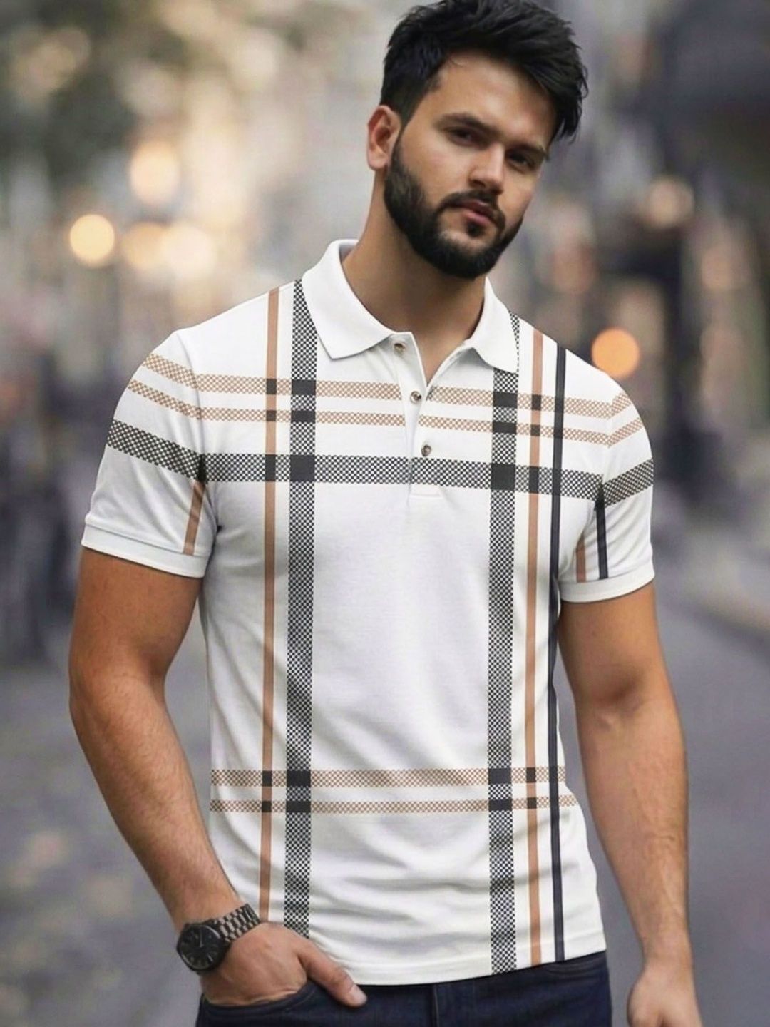 ENITOR Men Checked Polo Collar T-shirt
