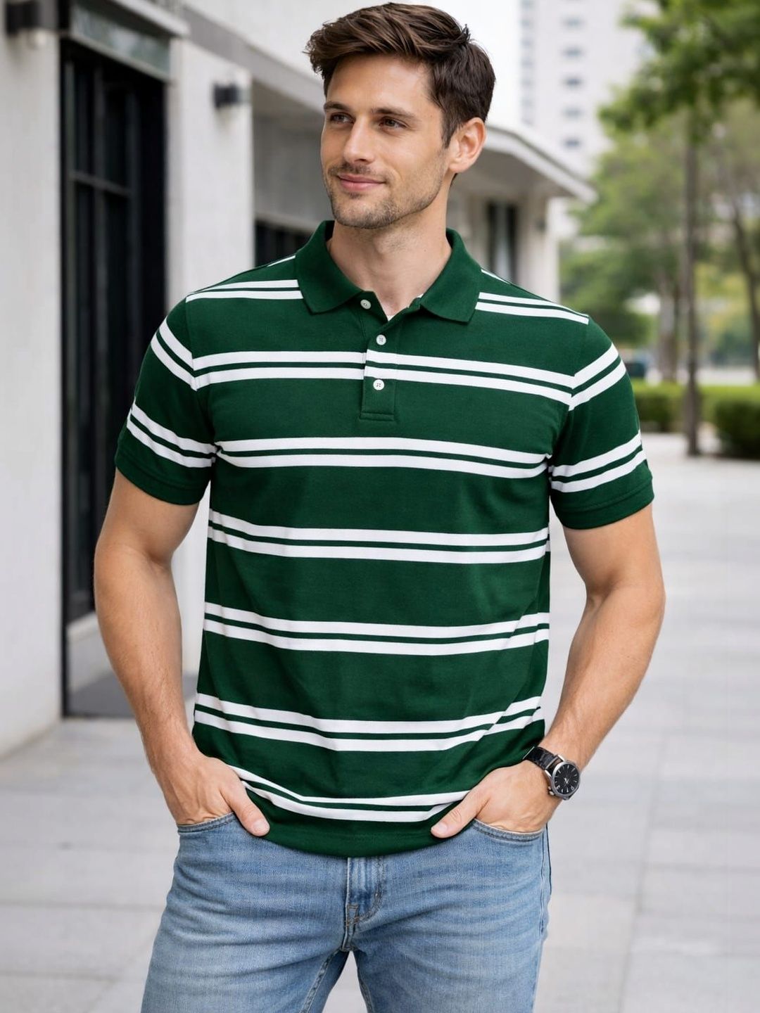 WILD COPS Men Striped Polo Collar Boxy T-shirt