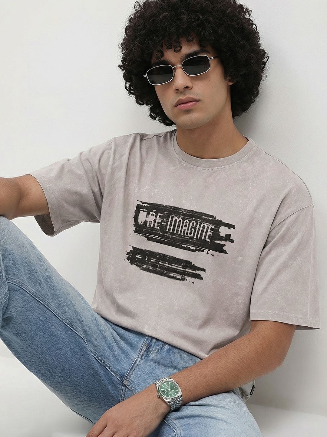 The Roadster Life Co. Typography Printed Drop-Shoulder Sleeves Oversized T-shirt