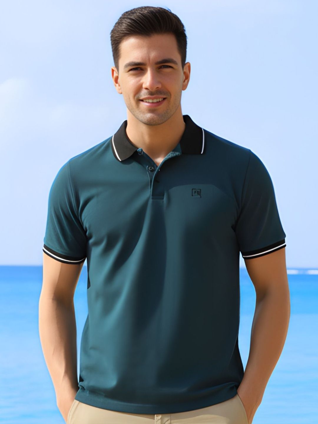 Rigo Men Solid Polo Neck Cotton Blue Tshirts