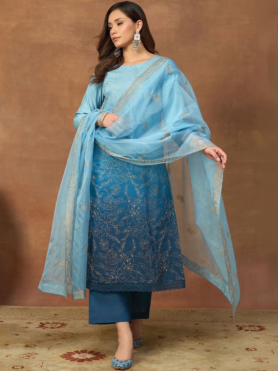 Women Embroidered Kurta with Palazzos With Dupatta Inddus Women Ethnic Motifs Embroidered Regular Thread Work Kurta with Trousers & With Dupatta