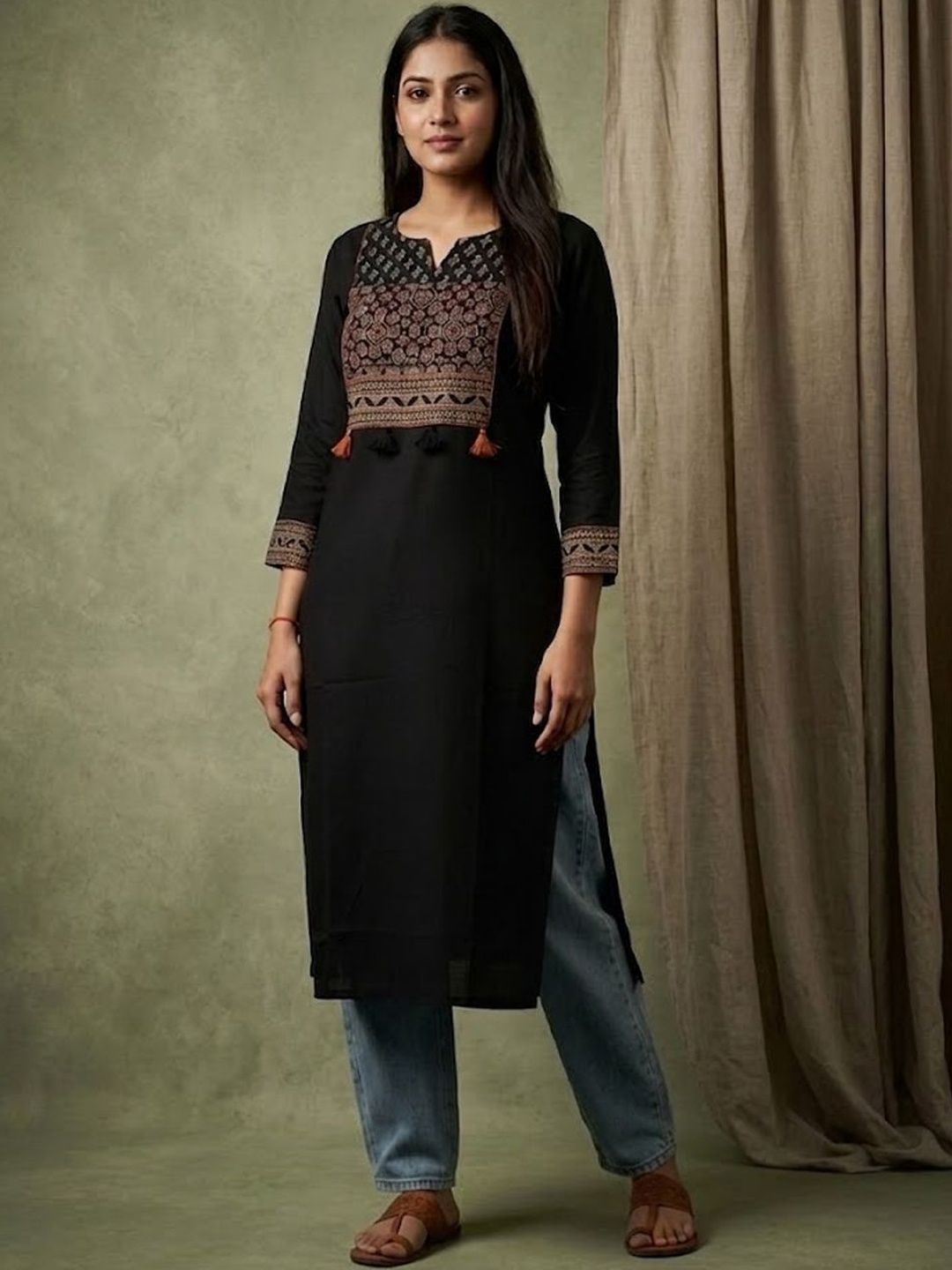 Sangria Printed Notched Neck Calf Length Straight Kurta