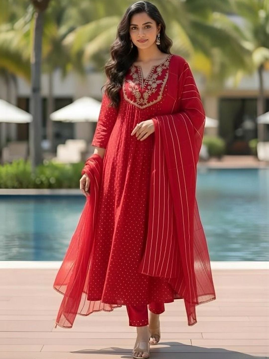 EVANORA EVANORA Women Ethnic Motifs Printed Empire Thread Work Kurta with Trousers & With Dupatta