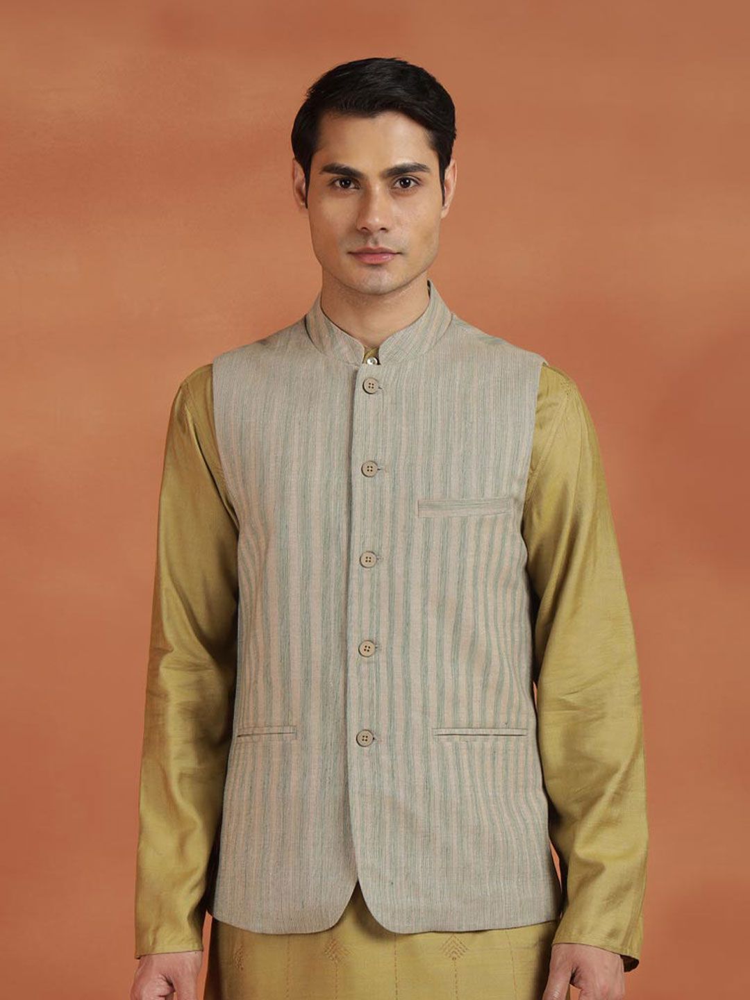 Fabindia Striped Pure Cotton Woven Nehru Jackets