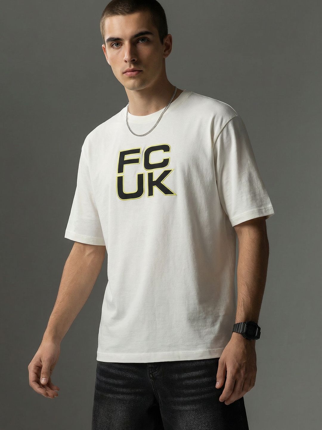 FCUK Brand Logo Printed Drop-Shoulder Sleeves Oversized T-shirt