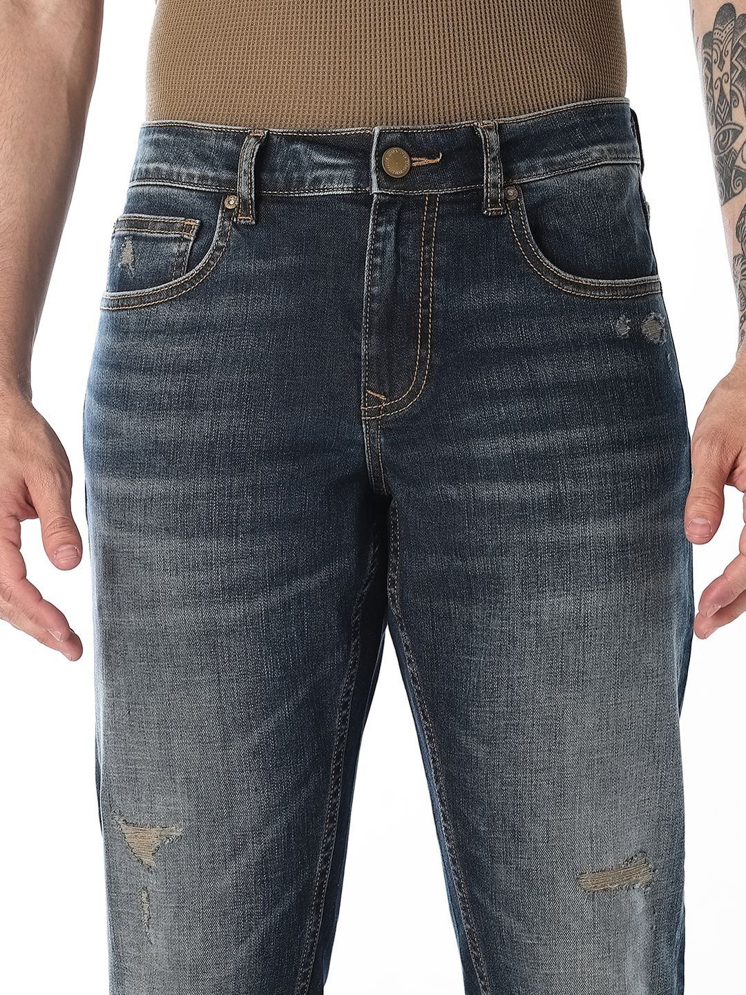 Slim Fit Mid-Rise Mildly Distressed Light Fade Stretchable Jeans