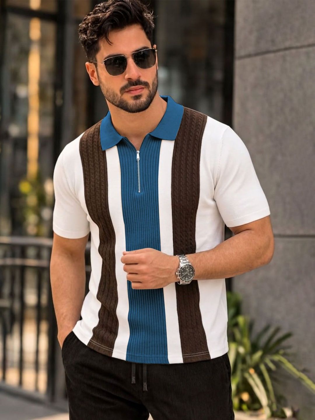 THE BEETEL HOUSE Men Striped Polo Collar T-shirt