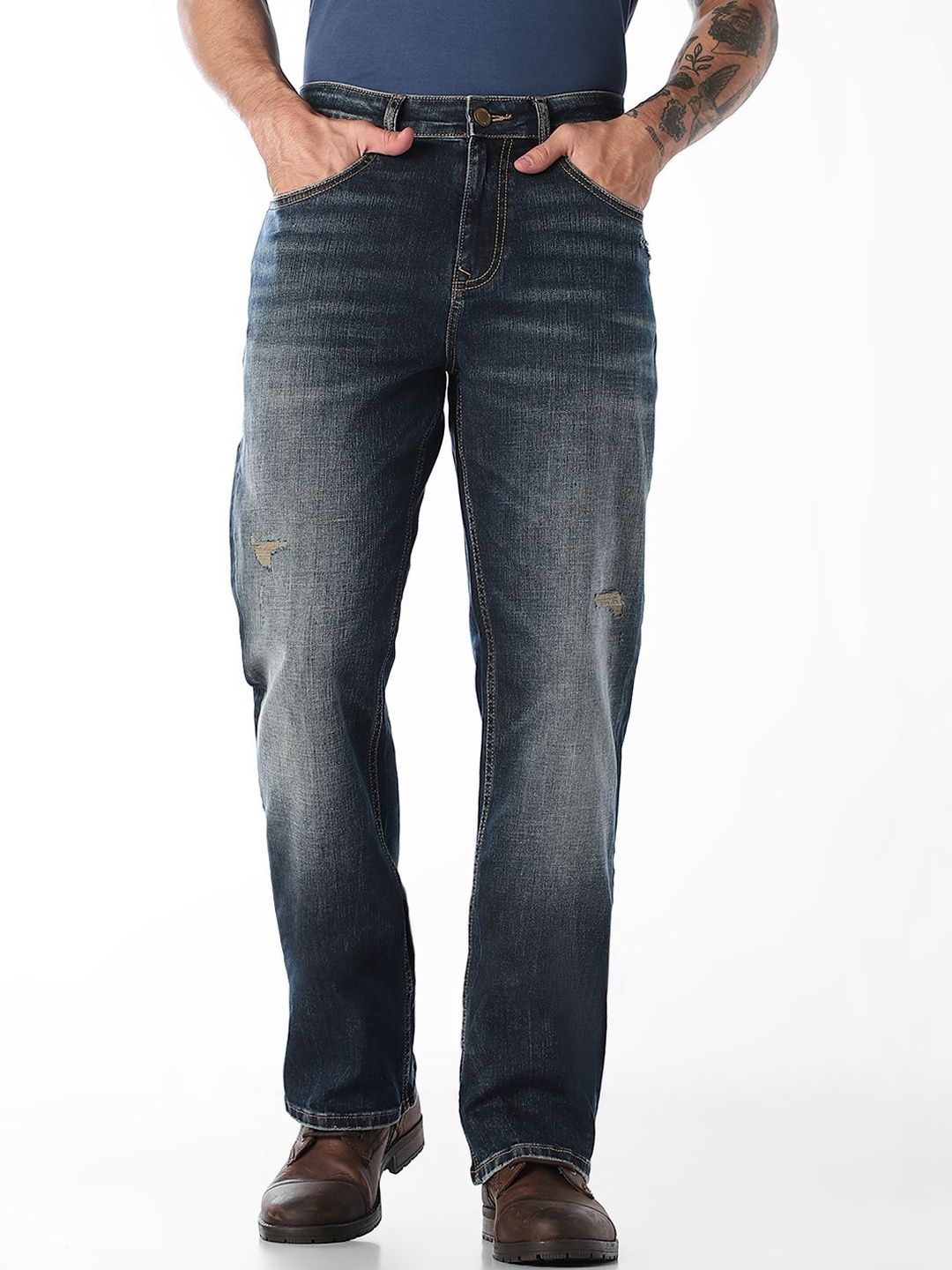 Bootcut High-Rise Mildly Distressed Light Fade Stretchable Jeans