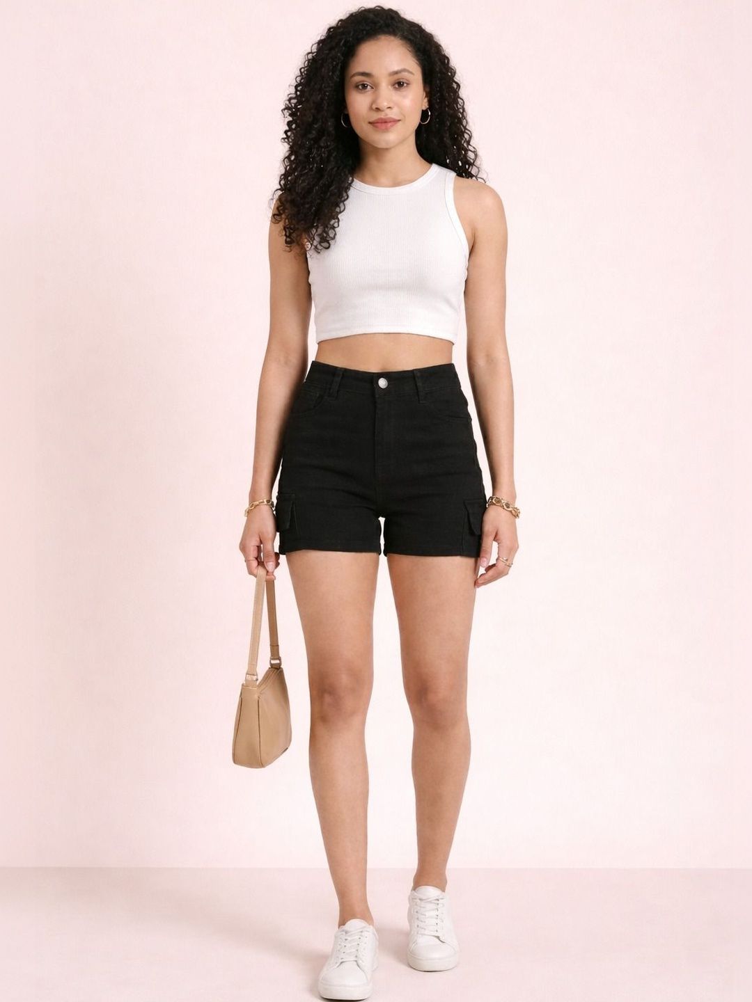 COSMIC Women Slim Fit High-Rise Denim Cargo Shorts