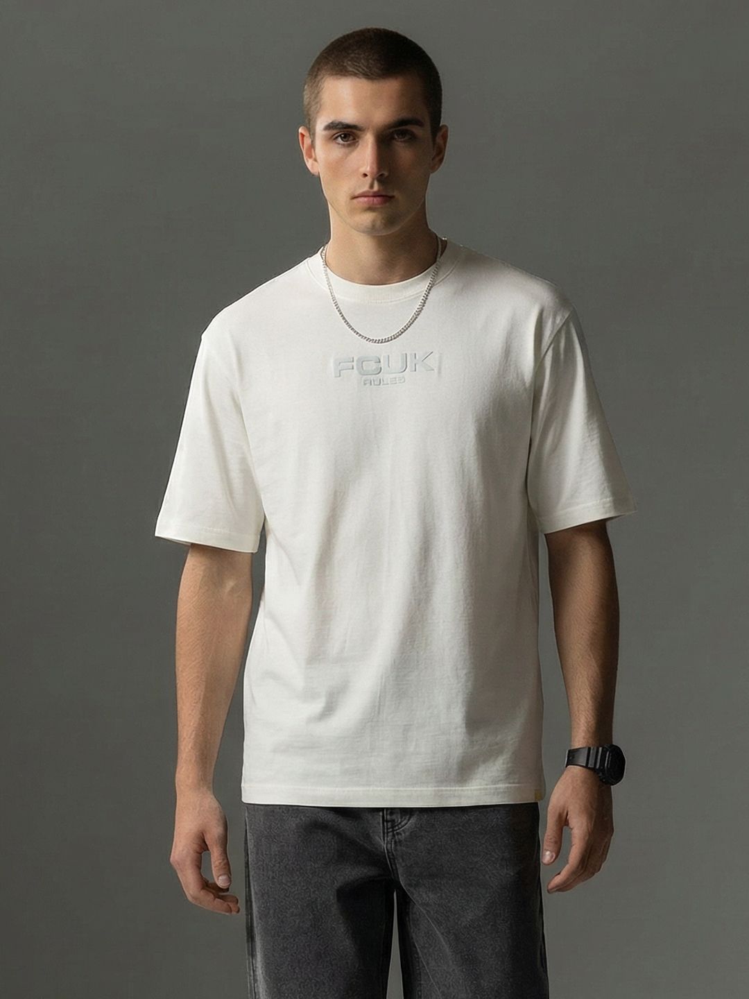 FCUK Brand Logo Puff Printed Drop-Shoulder Sleeves Oversized T-shirt