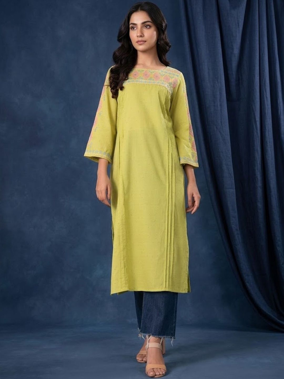 Sangria Embroidered Cotton Round Neck Calf Length Straight Kurta