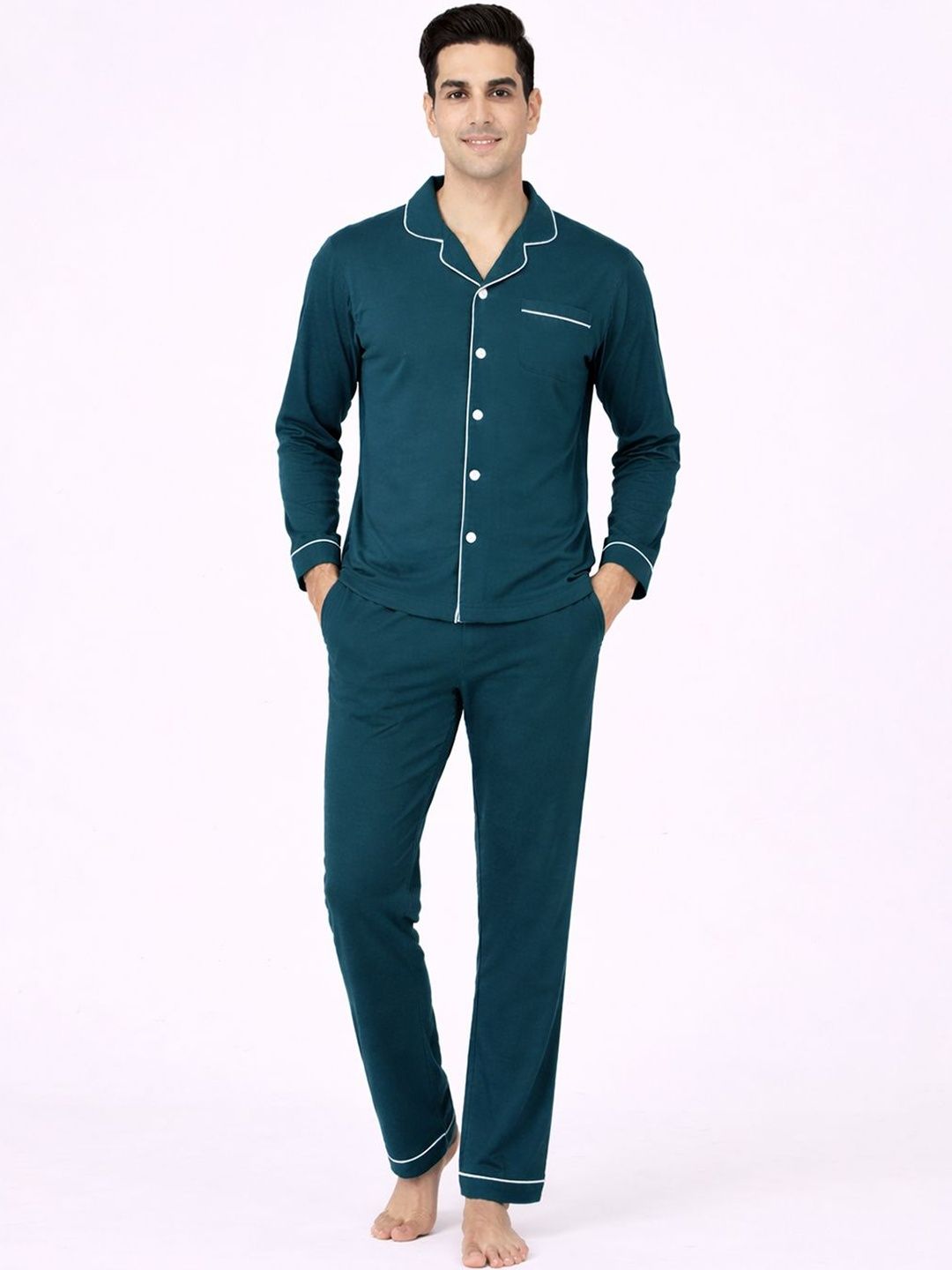 Nite Flite Men Solid Lapel Collar Pure Cotton Night suit