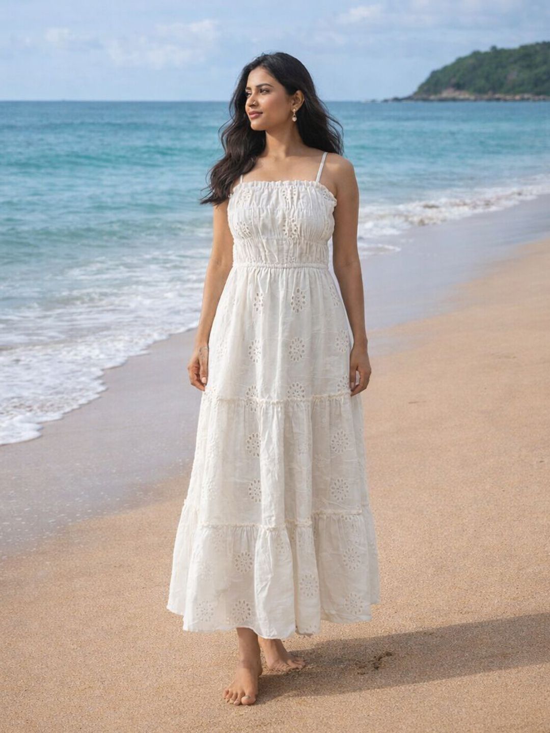 ADITEE Women White Schiffli Cotton Sleeveless Square Neck Maxi Dress