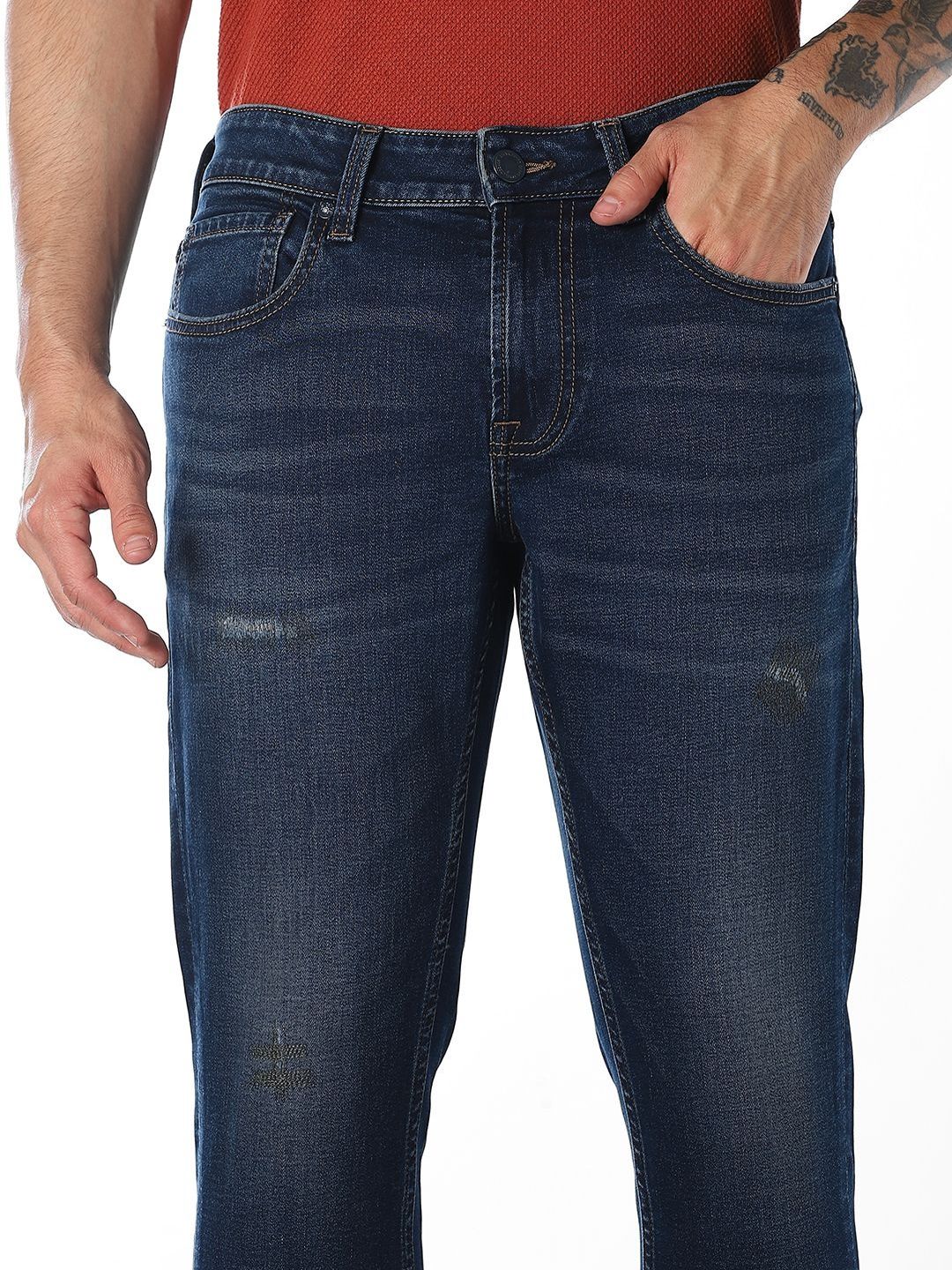 Slim Fit Mid-Rise Mildly Distressed Light Fade Stretchable Jeans