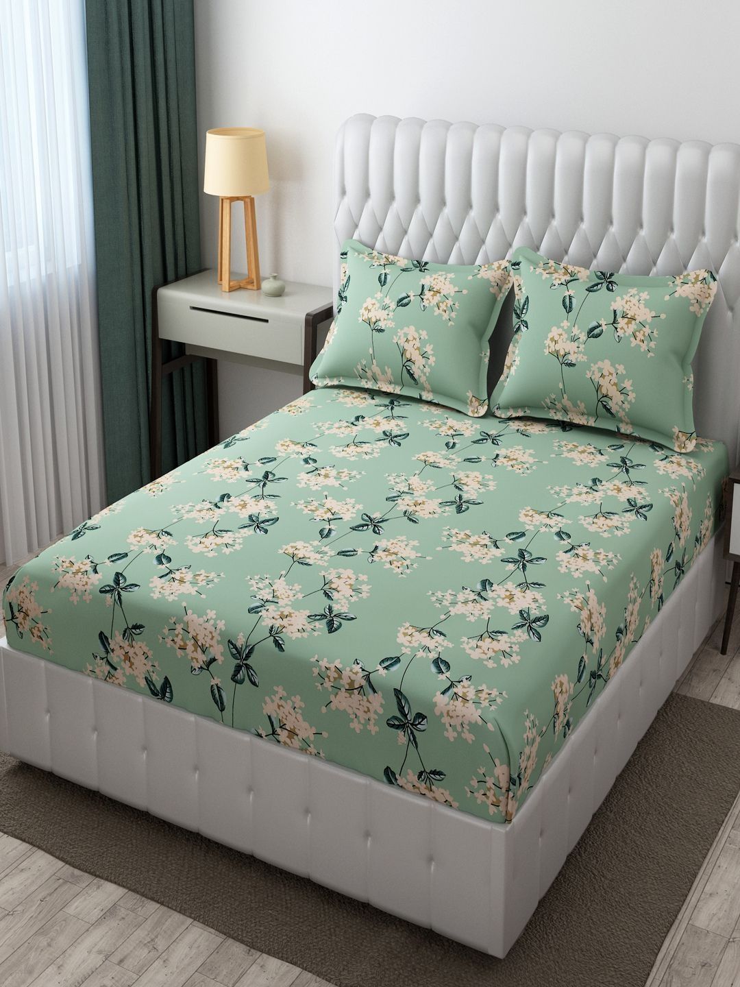 TINDLER KNOTS TINDLER KNOTS Green Floral 180 TC Bedsheet with 2 Pillow Covers
