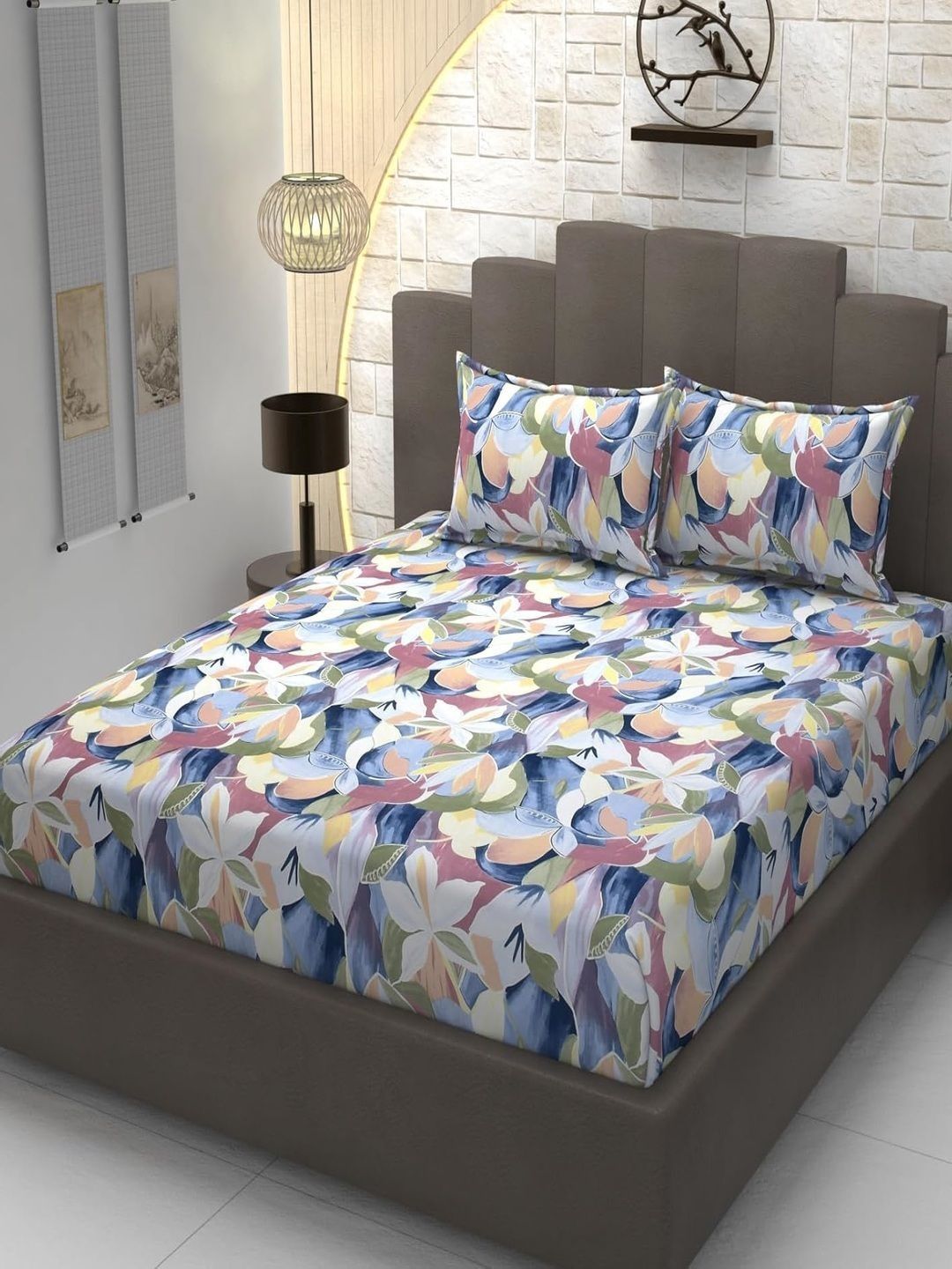 TINDLER KNOTS TINDLER KNOTS Multicoloured Floral 180 TC Bedsheet with 2 Pillow Covers
