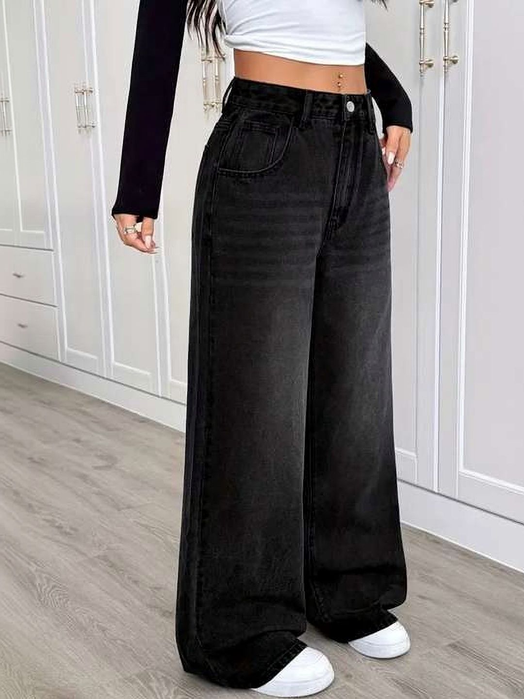 MKCLOTHES Women Wide Leg Mid-Rise Light Fade Jeans