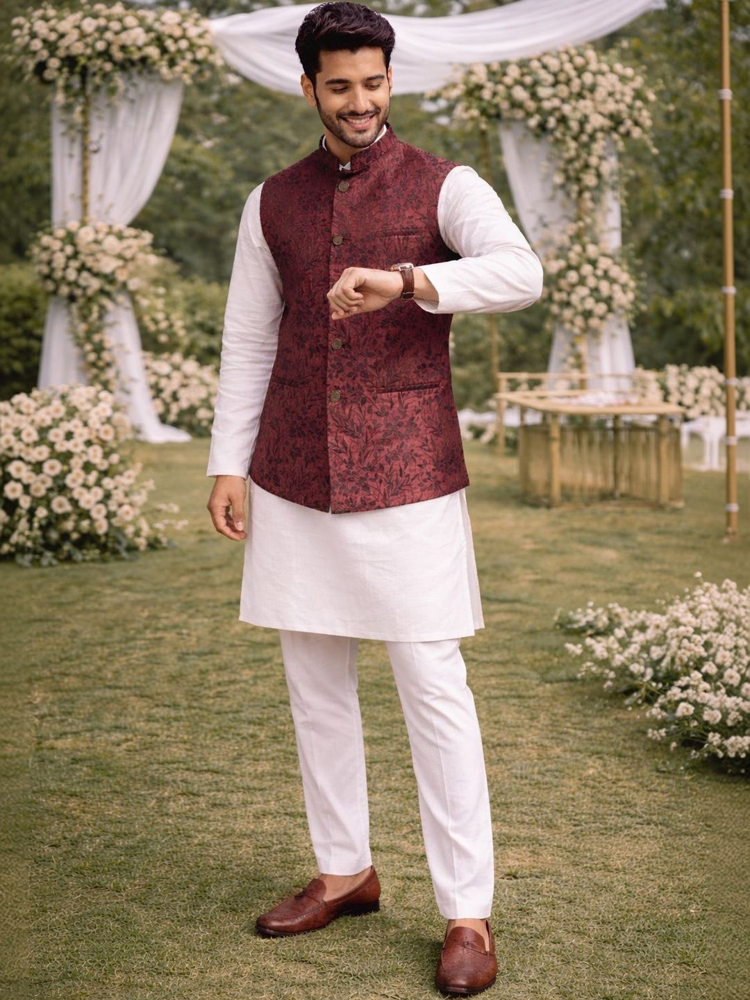 House of Pataudi Woven Design Nehru Jackets