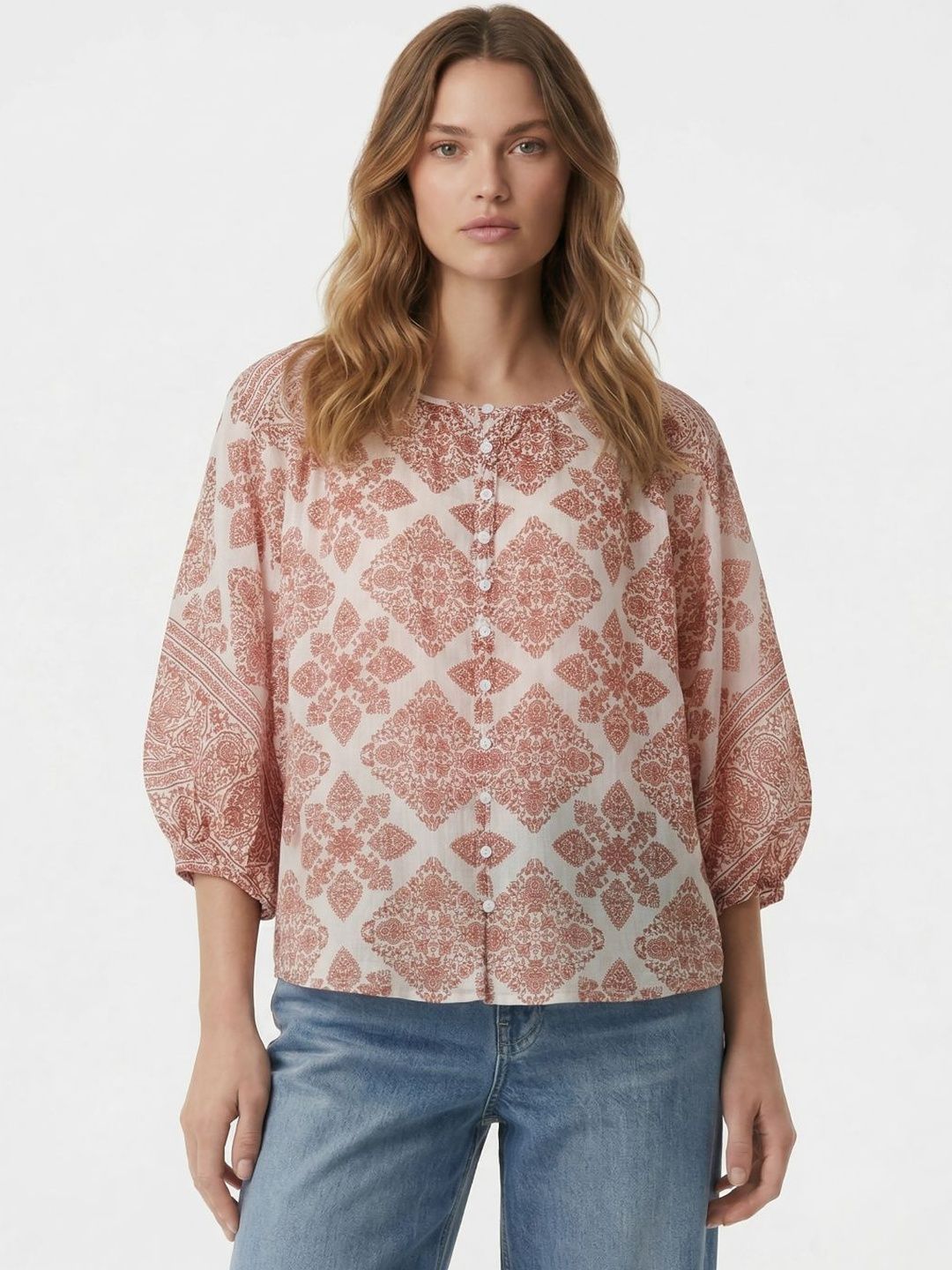 Print Top COVER STORY Print Puff Sleeve Ethnic Cotton Top