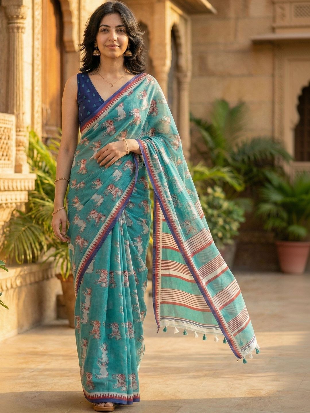 AANVI Ethnic Motifs Printed Pure Cotton Saree With Blouse