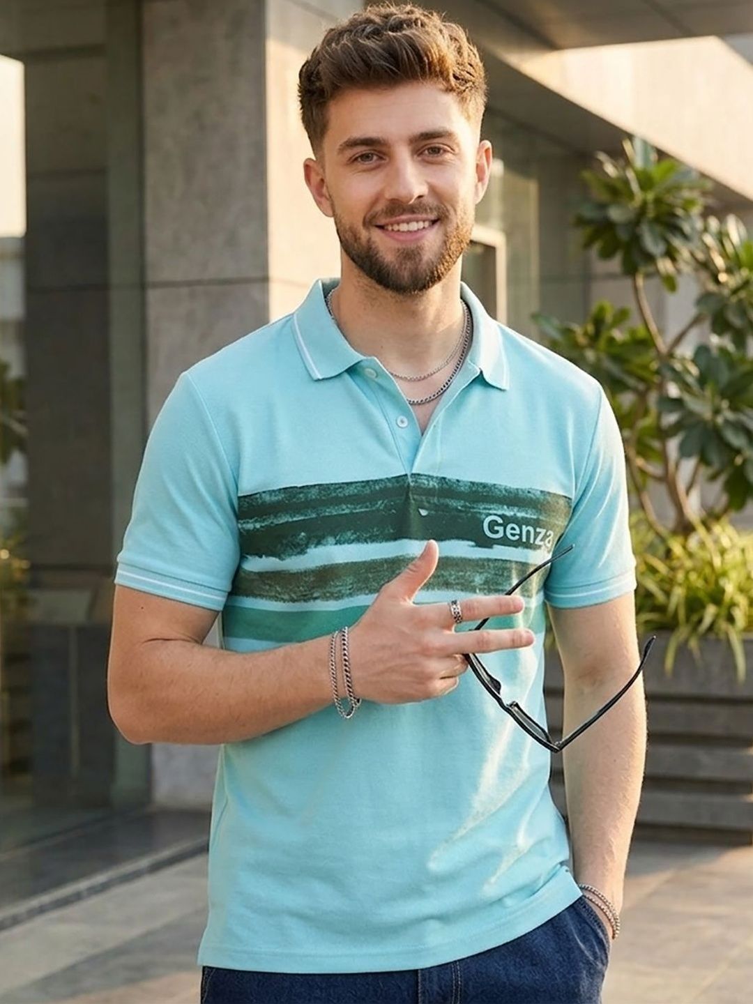 HERE&NOW Men Striped Polo Collar Pockets T-shirt