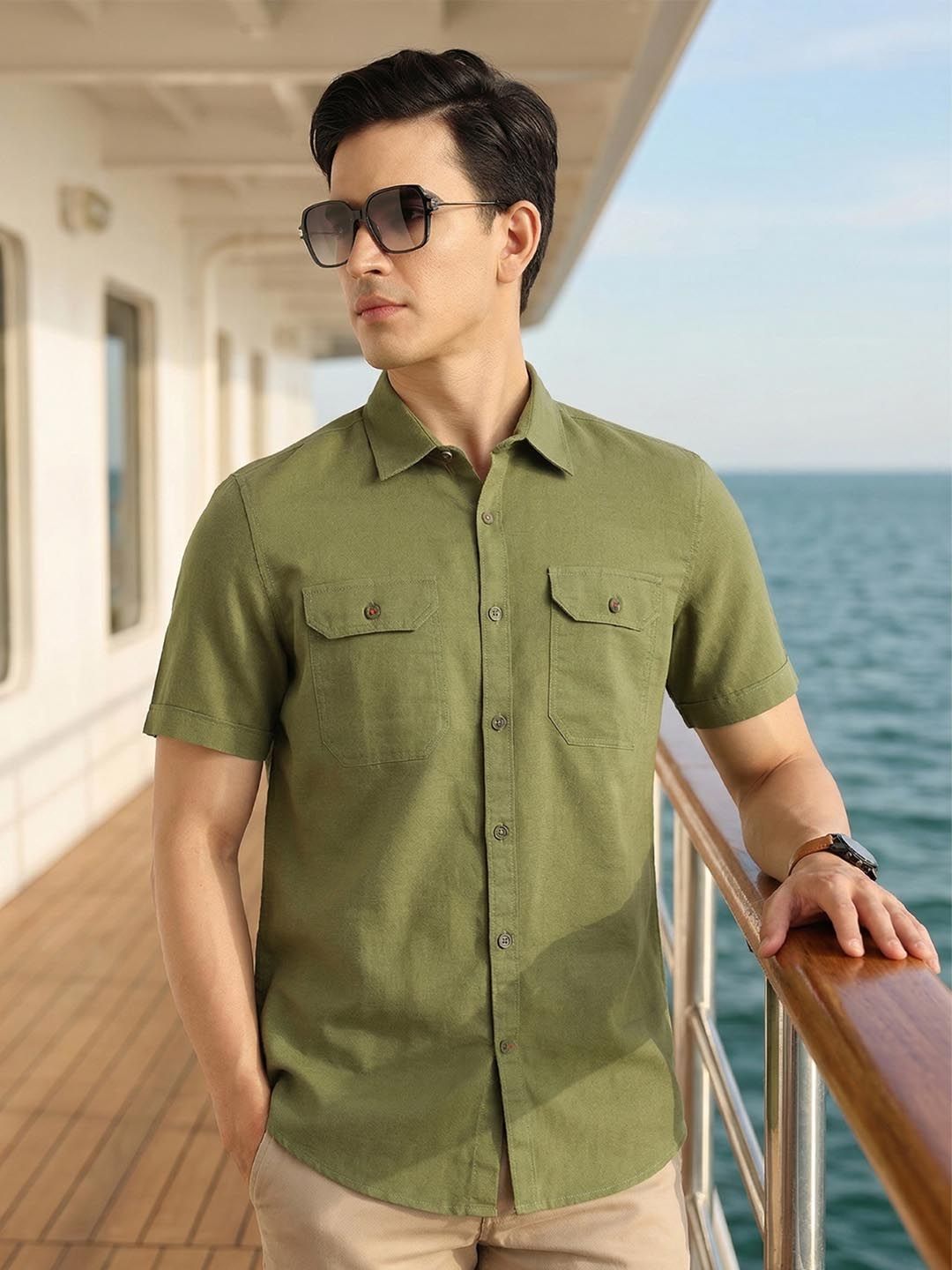 Thomas Scott Men Premium Short Sleeves Slim Fit Spread Collar Cotton Linen Casual Shirt